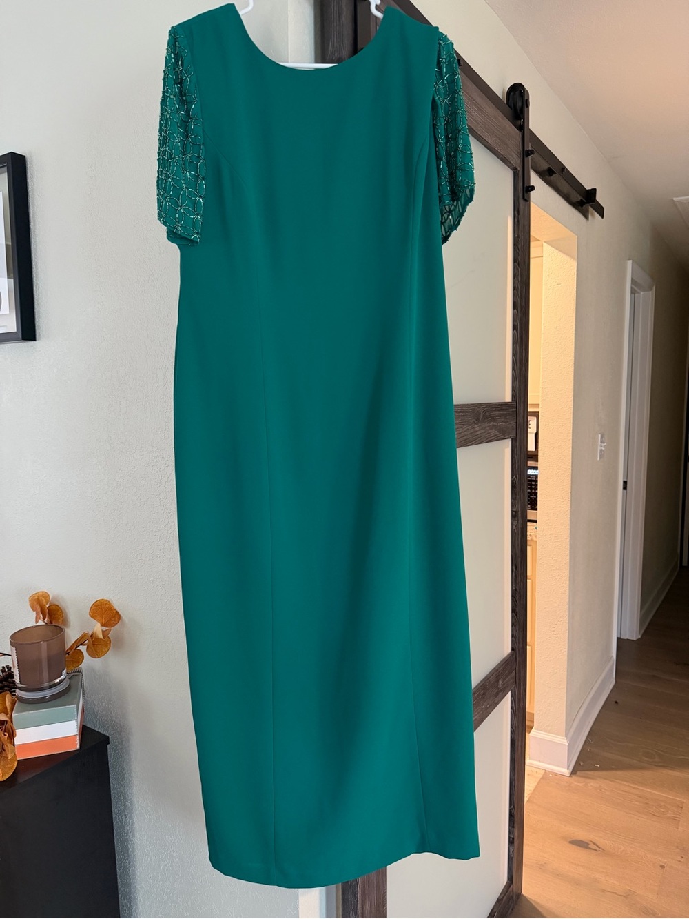 Donna Morgan Teal Midi Dress with Beaded Short Sleeves